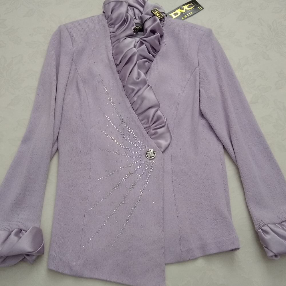 Donna Vinci Italy crystals victorian satin ruffle collar asymmetric cardigan